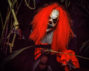A scare actor wearing a clown mask and bright red wig peers through the dark.